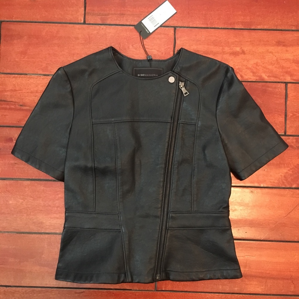 BCBG Pleather Cinched Waist Short Sleeve Top